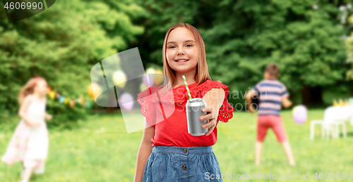 Image of smiling girl with can drink at birthday party