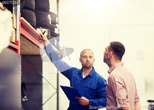 Image of auto mechanic with clipboard and man at car shop