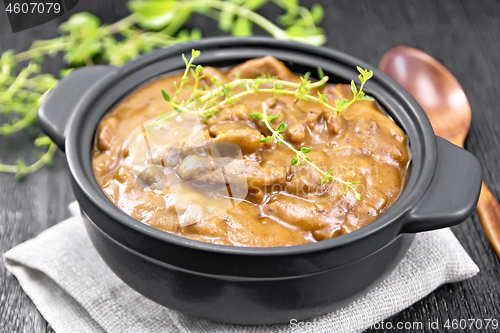 Image of Goulash of beef in pan on napkin