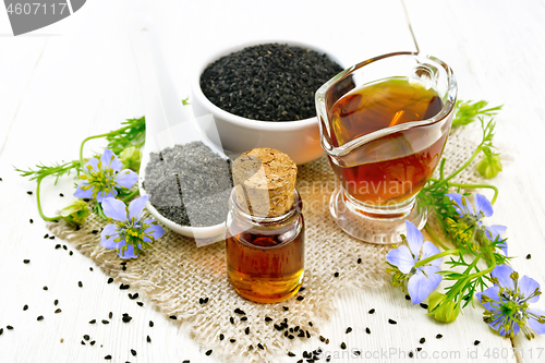 Image of Oil kalingi in bottle and gravy boat on light board