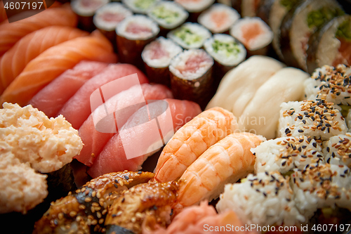 Image of Close up of various types of japanese fresh prepared sushi.