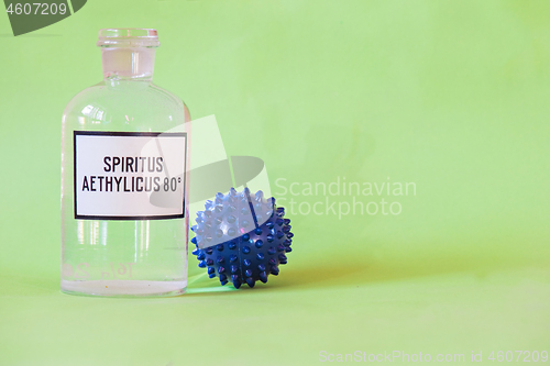 Image of Ethanol in a bottle on the table with of microscope virus close up, Coronavirus concept Tablet in the fingers of hand