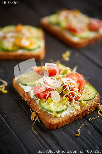 Image of Healthy vege toasts with onion, cucomber, cherry tomatoes