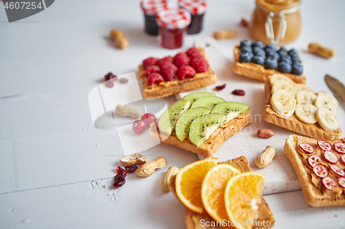 Image of Assortment of healthy fresh breakfast toasts