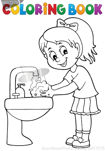 Image of Coloring book girl washing hands theme 1