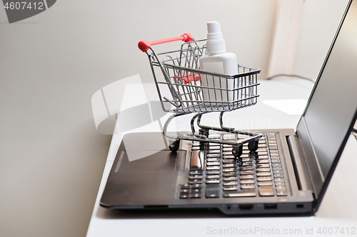 Image of Conceptual photo with miniature shopping-cart and antiseptic. Safety internet shopping
