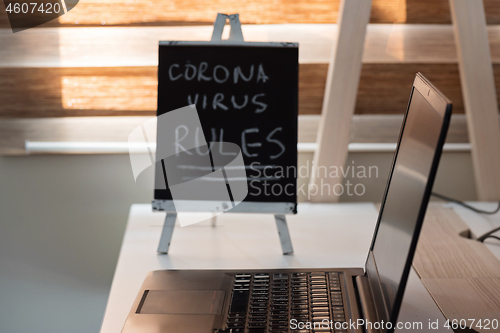 Image of Black notebook. Coronavirus concept. Work from home concept