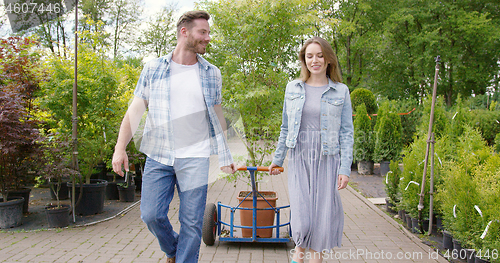 Image of Happy young couple in plant shop just bought a nice potted tree