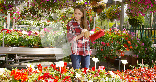 Image of Smiling young female botanist using tablet standing near flowers