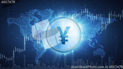 Image of Yuan or yen coin on hud background with bull stock chart.