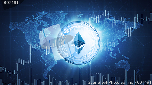 Image of Ethereum coin on hud background with bull stock chart.