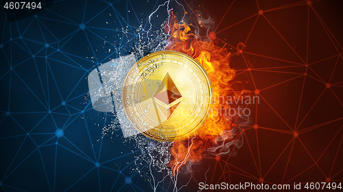 Image of Gold ethereum coin hard fork in fire flame, lightning and water splashes.