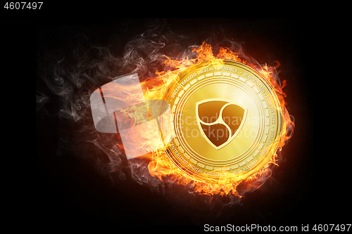 Image of Golden NEM coin flying in fire flame.