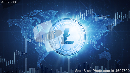 Image of Litecoin coin on hud background with bull stock chart.