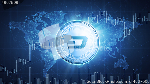 Image of Dash coin on hud background with bull stock chart.