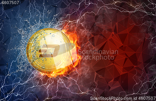 Image of Gold dash coin hard fork in fire flame, lightning and water splashes.