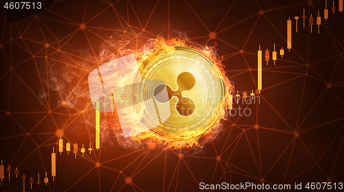 Image of Ripple coin in fire with bull stock chart.