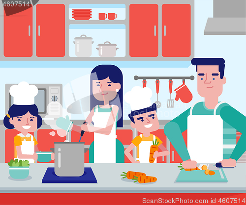 Image of Caucasian parents with their kids cooking together