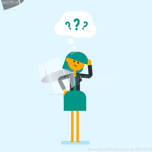 Image of Young worried business woman with question marks.
