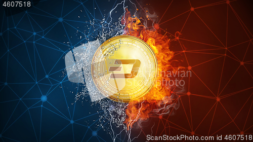 Image of Gold dash coin hard fork in fire flame, lightning and water splashes.