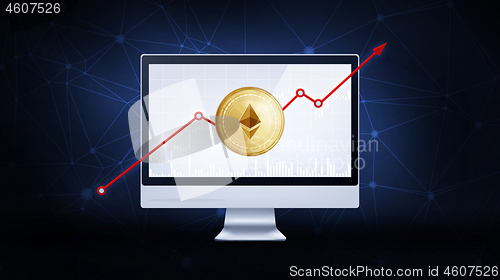 Image of Gold ethereum coin with bull stock chart.