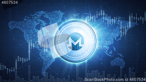 Image of Monero coin on hud background with bull stock chart.