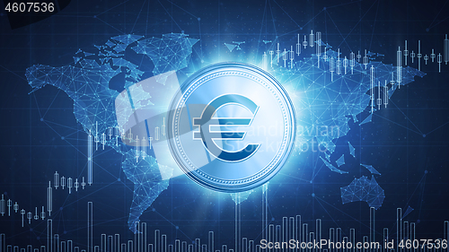 Image of Euro coin on hud background with bull stock chart.