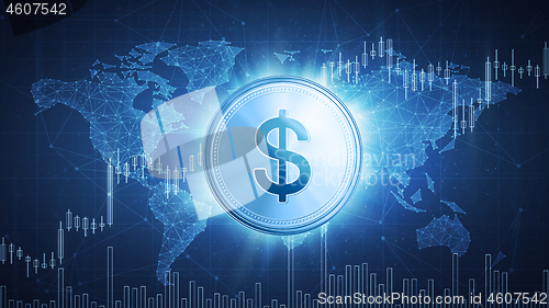 Image of Dollar coin on hud background with bull stock chart.