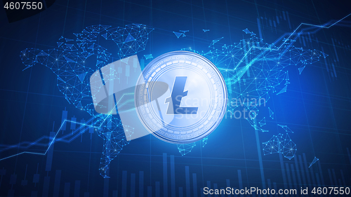 Image of Litecoin coin on hud background with bull stock chart.