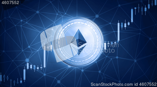 Image of Ethereum coin on hud background with bull stock chart.