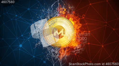 Image of Gold Monero coin hard fork in fire flame, lightning and water splashes.