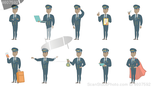 Image of African airplane pilot vector illustrations set.