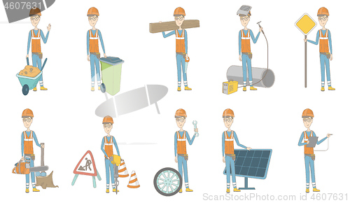 Image of Young caucasian builder vector illustrations set.