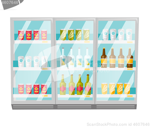 Image of Refrigerator with bottles and cans vector cartoon.