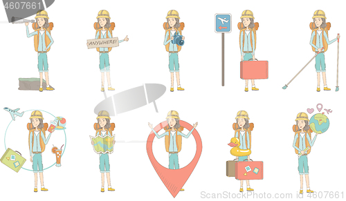 Image of Young caucasian traveler vector illustrations set.