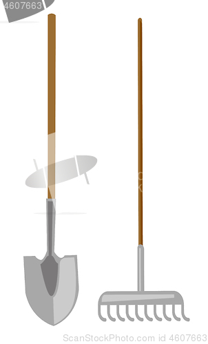 Image of Shovel and rake vector cartoon illustration.