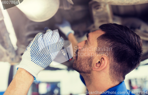 Image of mechanic man or smith repairing car at workshop