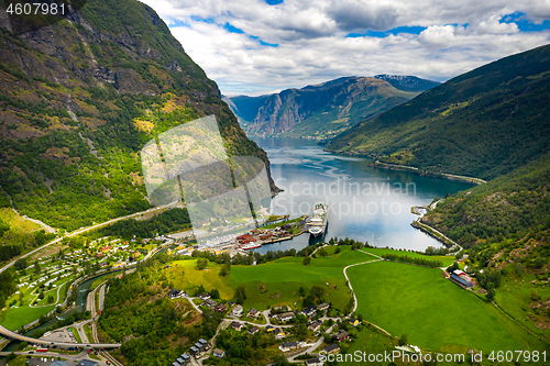 Image of Aurlandsfjord Town Of Flam at dawn.