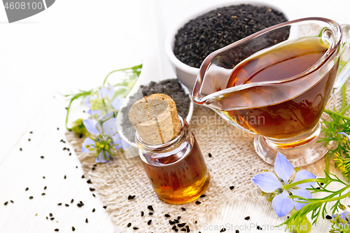 Image of Oil kalingi in bottle and gravy boat on white board