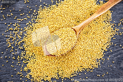 Image of Mustard seeds in spoon on black board top