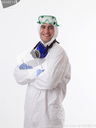 Image of Doctor wearing protective biological suit and mask due to corona