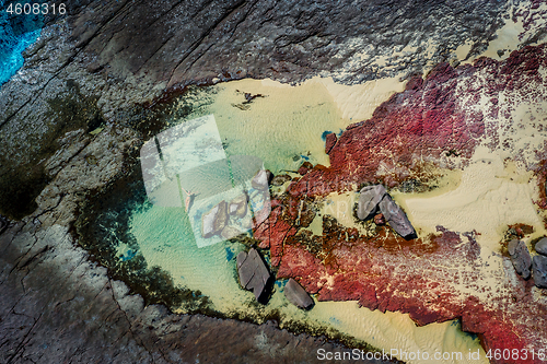 Image of Floating in pretty blue tidal pools, red and grey rocks, creamy 