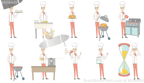 Image of Young caucasian chef vector illustrations set.