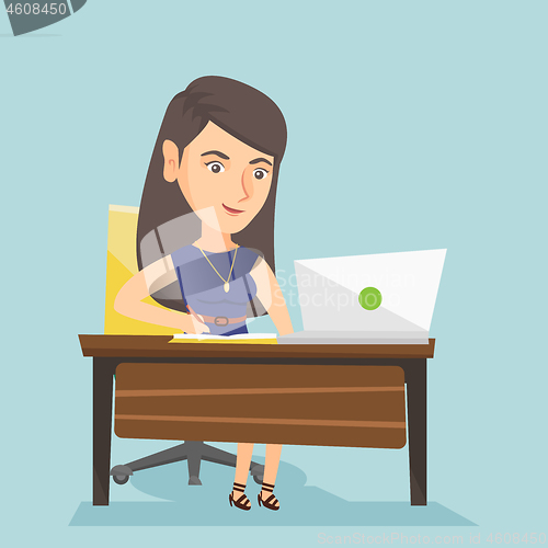 Image of Caucasian student using a laptop for education.