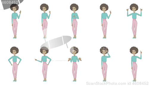 Image of Young african woman vector illustrations set.