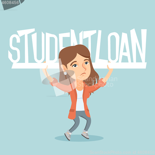 Image of Caucasian woman holding sign of student loan.