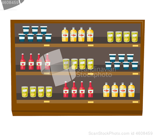 Image of Grocery store shelves with products vector cartoon