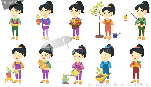 Image of Little asian girl vector illustrations set.