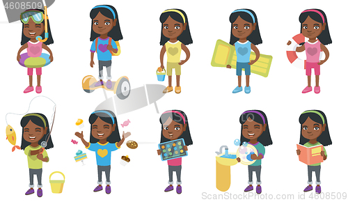 Image of Little african girl vector illustrations set.