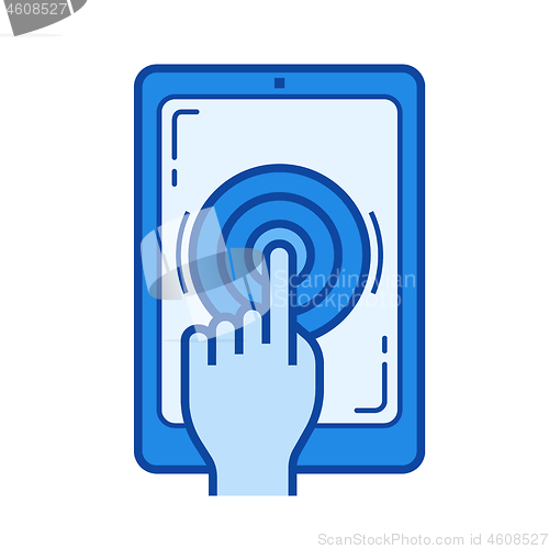 Image of Finger touching tablet computer line icon.